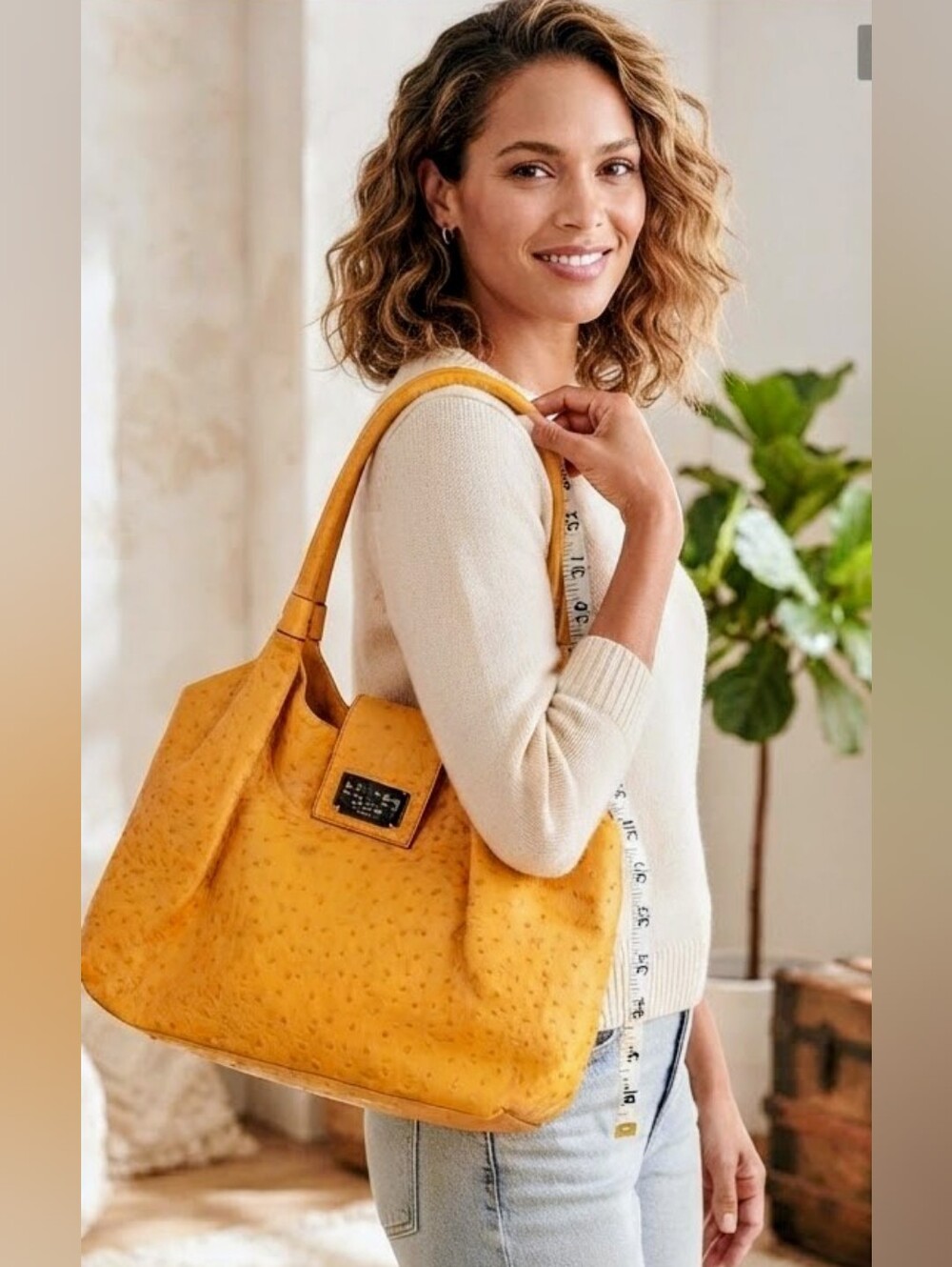 Kate Spade Windsor Square Stevie Ostrich Leather Shoulder Bag Yellow